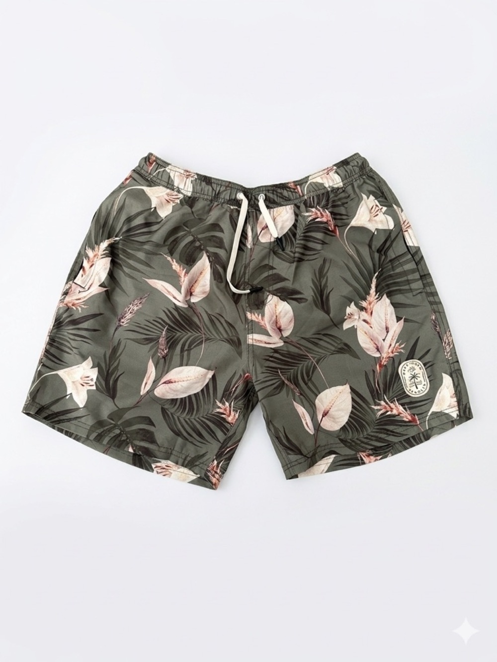 NWOT Men’s TeamLTD Tropical Floral Print Vacation Swim Board Shorts Olive Green - Picture 2 of 7